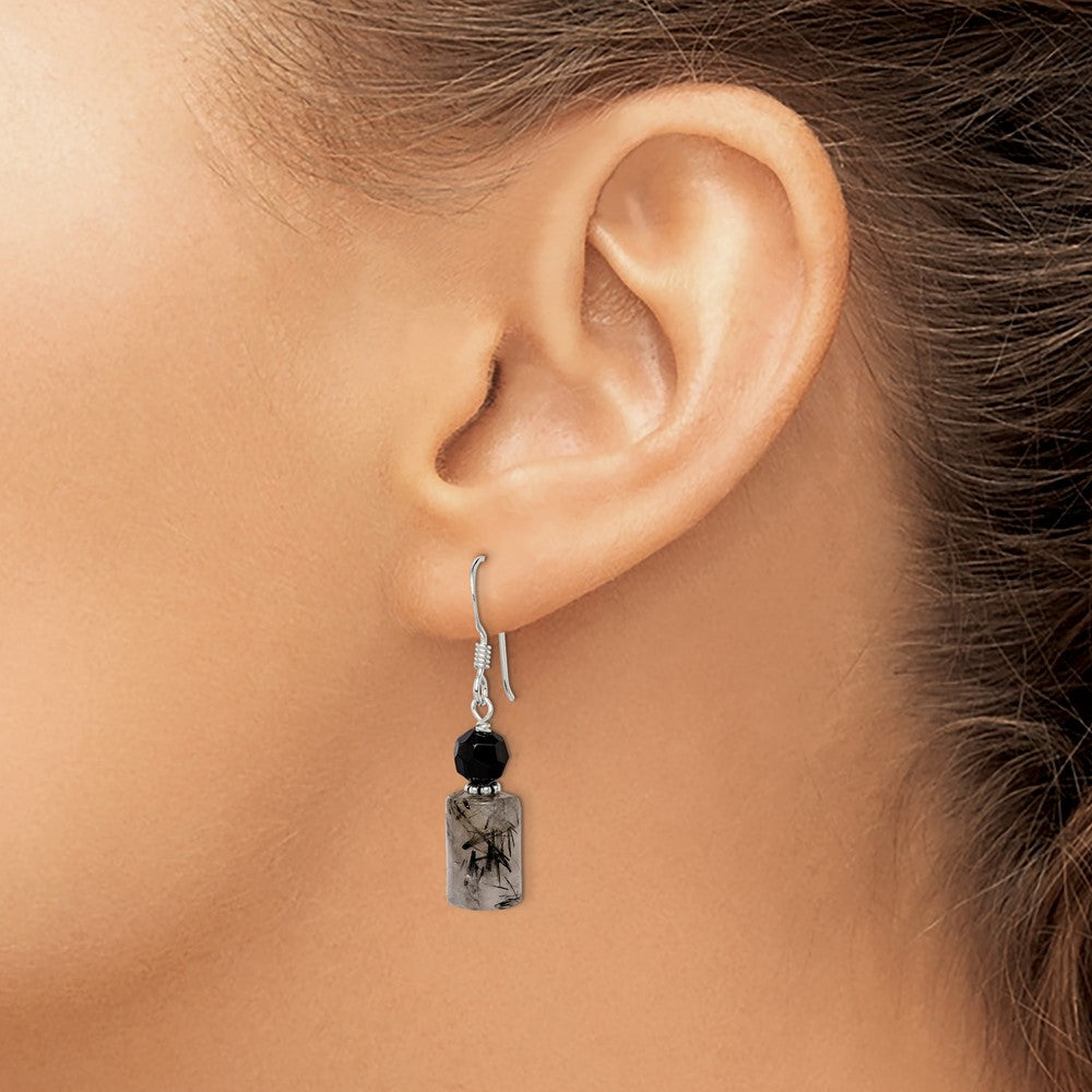 Sterling Silver Black Crystal & Tourmalinated Quartz Dangle Earrings