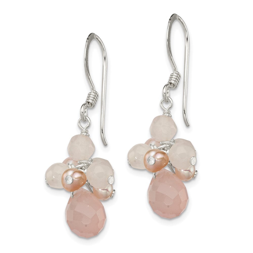 Sterling Silver Polished Pink FWC Pearl & Rose Quartz Dangle Earrings