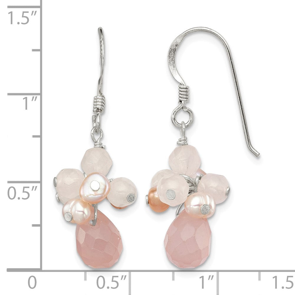 Sterling Silver Polished Pink FWC Pearl & Rose Quartz Dangle Earrings