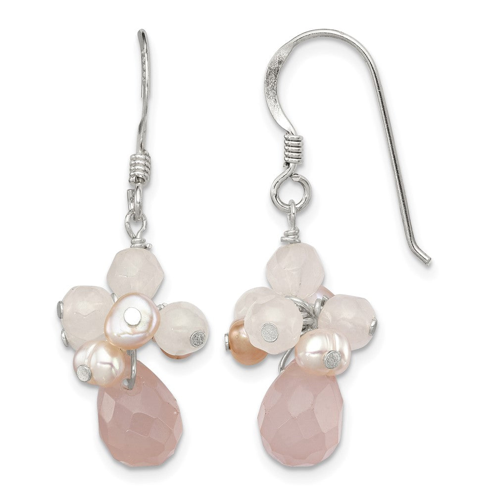 Sterling Silver Polished Pink FWC Pearl & Rose Quartz Dangle Earrings