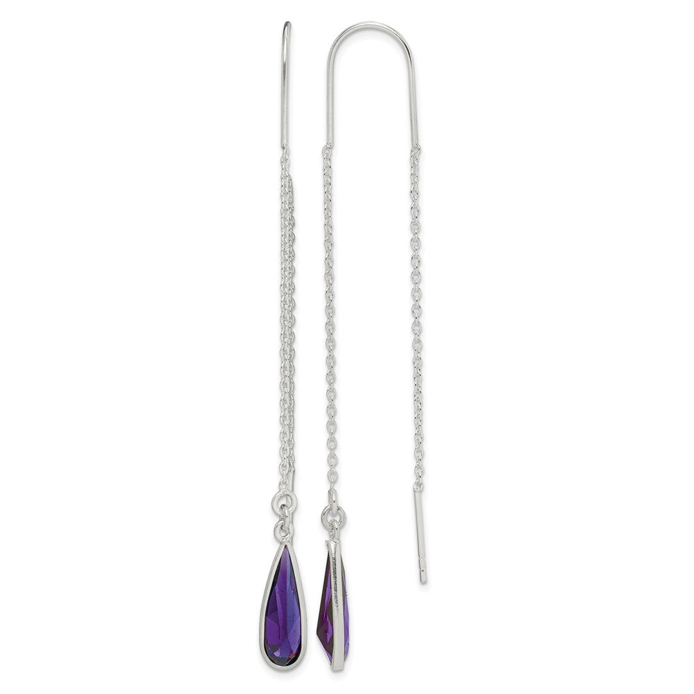 Sterling Silver Polished Purple CZ Teardrop Threader Earrings
