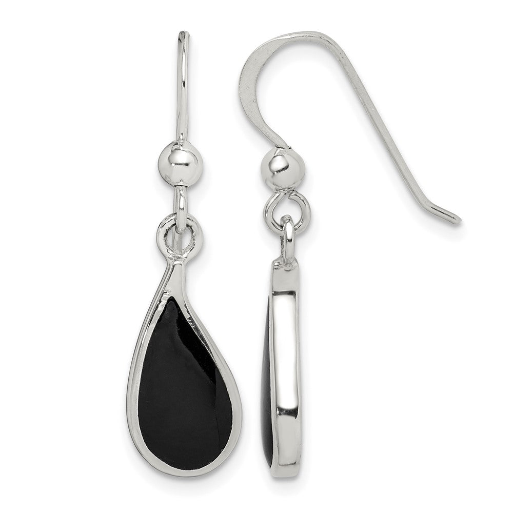 Sterling Silver Polished Curved Onyx Teardrop Dangle Earrings