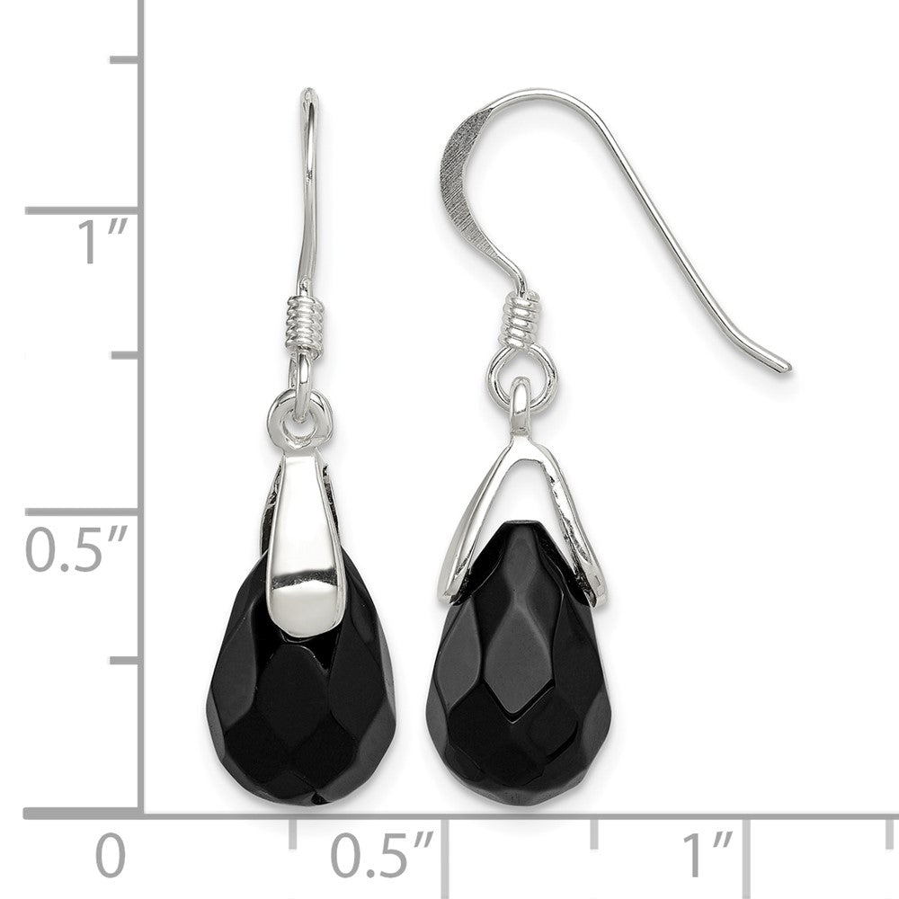 Sterling Silver Polished Faceted Onyx Teardrop Dangle Earrings