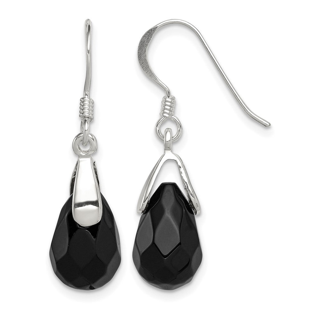 Sterling Silver Polished Faceted Onyx Teardrop Dangle Earrings