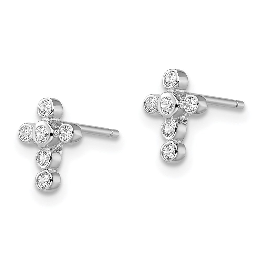 Sterling Silver Rhodium-plated Polished Bezel CZ Cross Petite Post Earrings