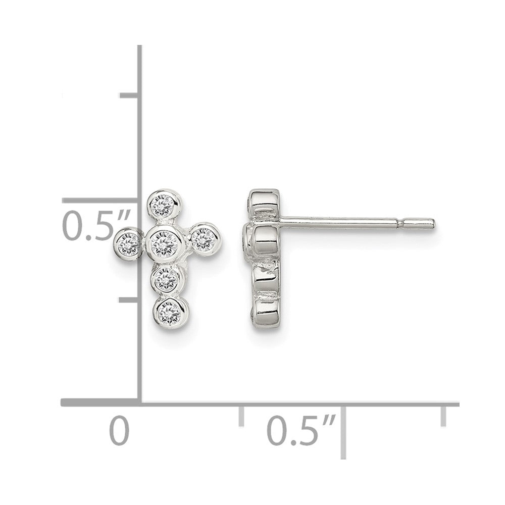 Sterling Silver Rhodium-plated Polished Bezel CZ Cross Petite Post Earrings