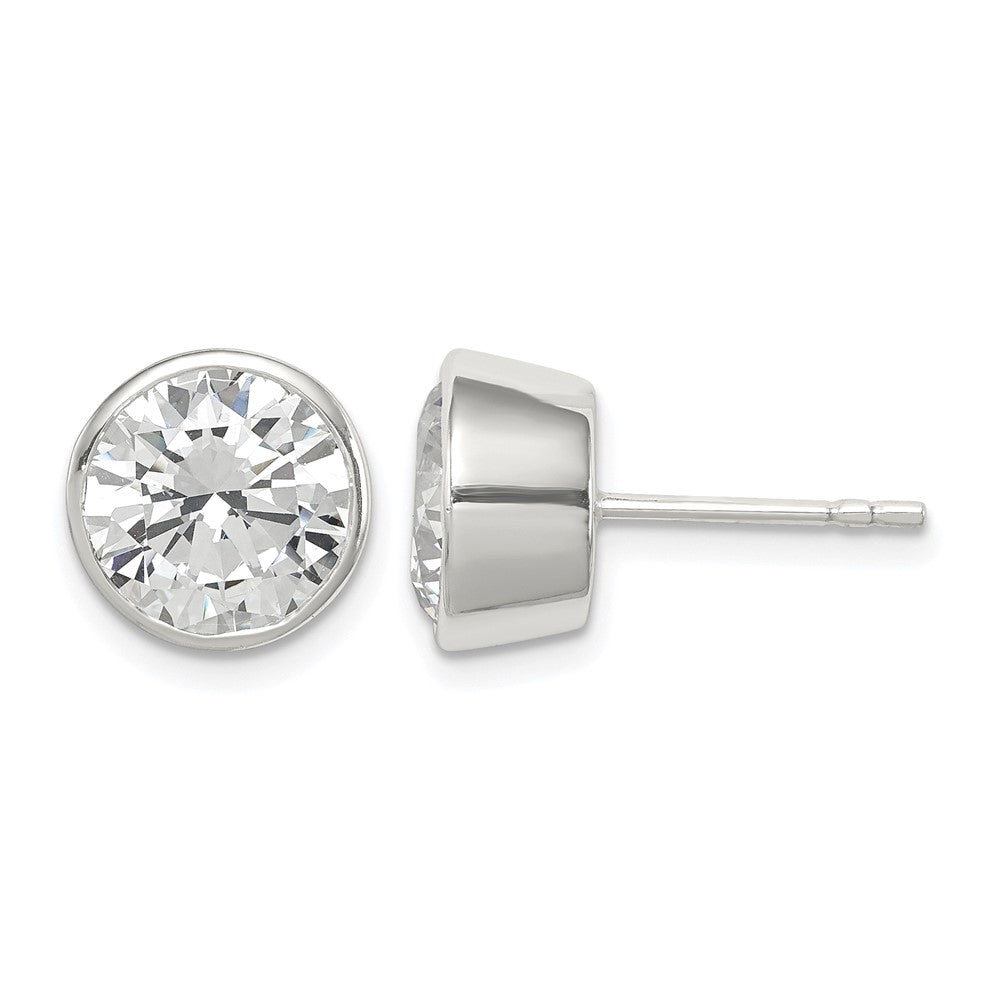 Sterling Silver Polished 9mm Round CZ Bezel Set Stud Earrings