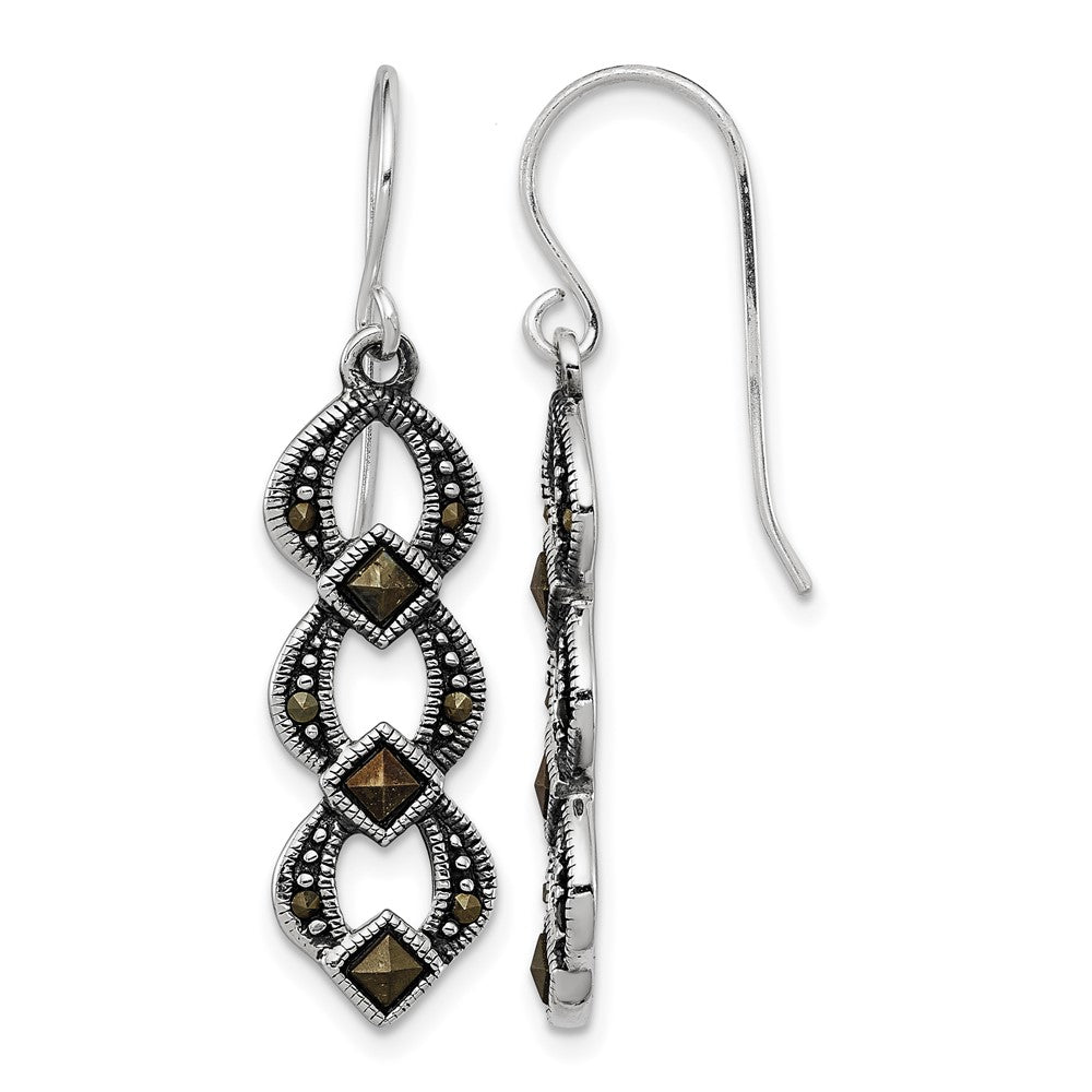 Sterling Silver Rhodium-plated Antiqued & Textured Marcasite Dangle Earring