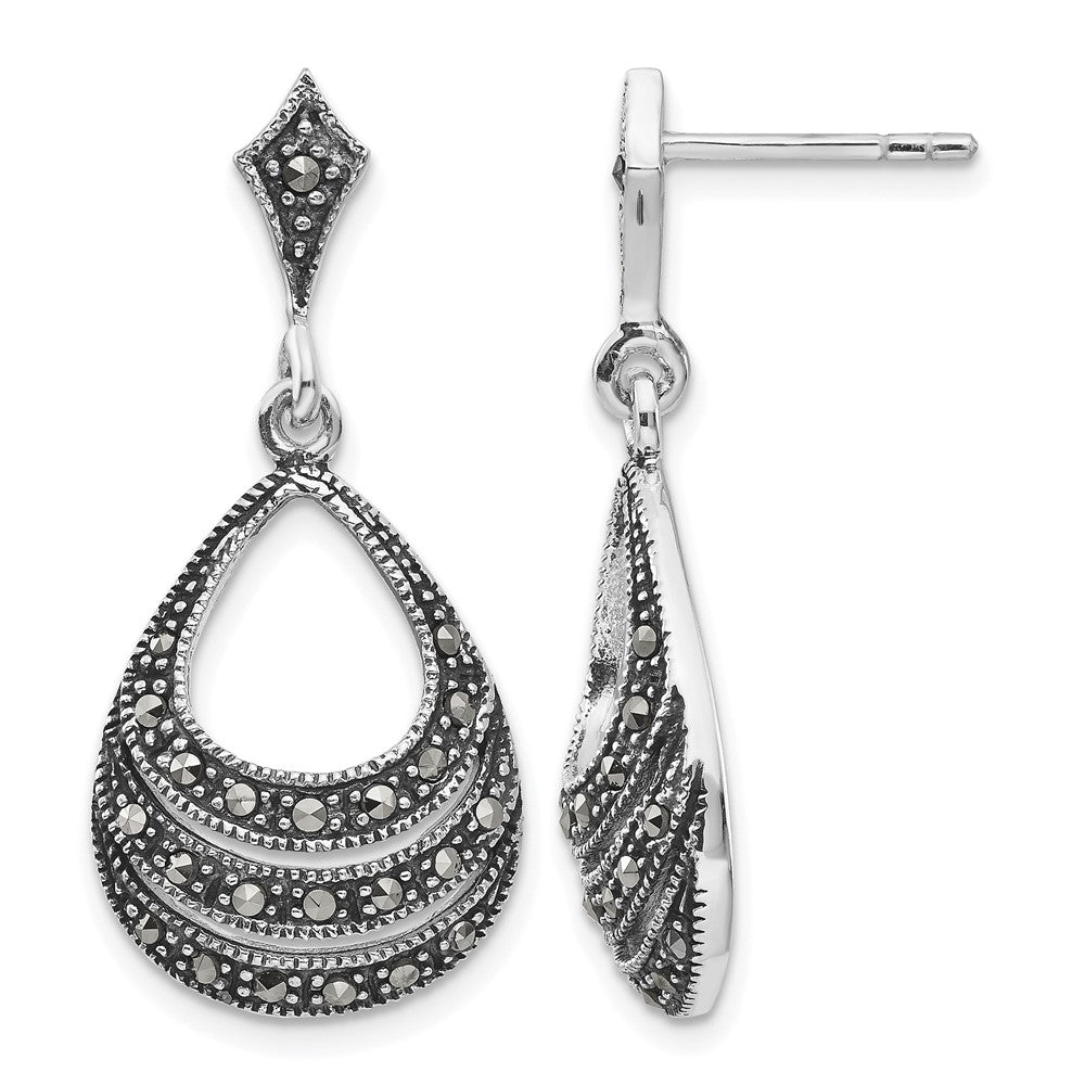 Sterling Silver RH-plated Textured Marcasite Teardrop Post Dangle Earrings