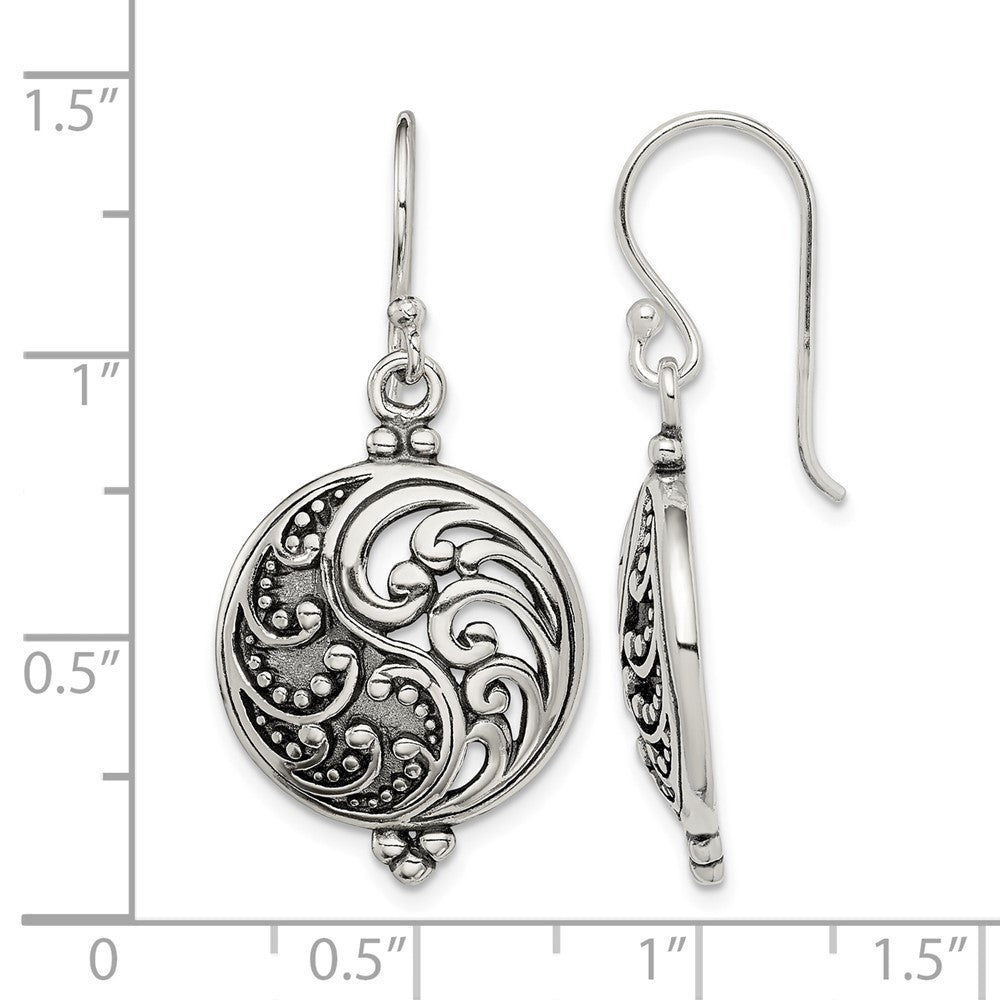 Sterling Silver Polished & Antiqued Filigree Yin and Yang Dangle Earrings