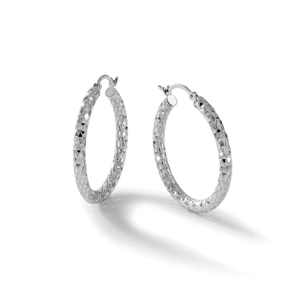 Sterling Silver Rhodium-plated 3.00mm Diamond-cut Hoop Earrings
