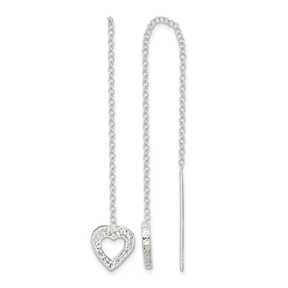 Sterling Silver Polished & Hammered Heart Threader Earrings