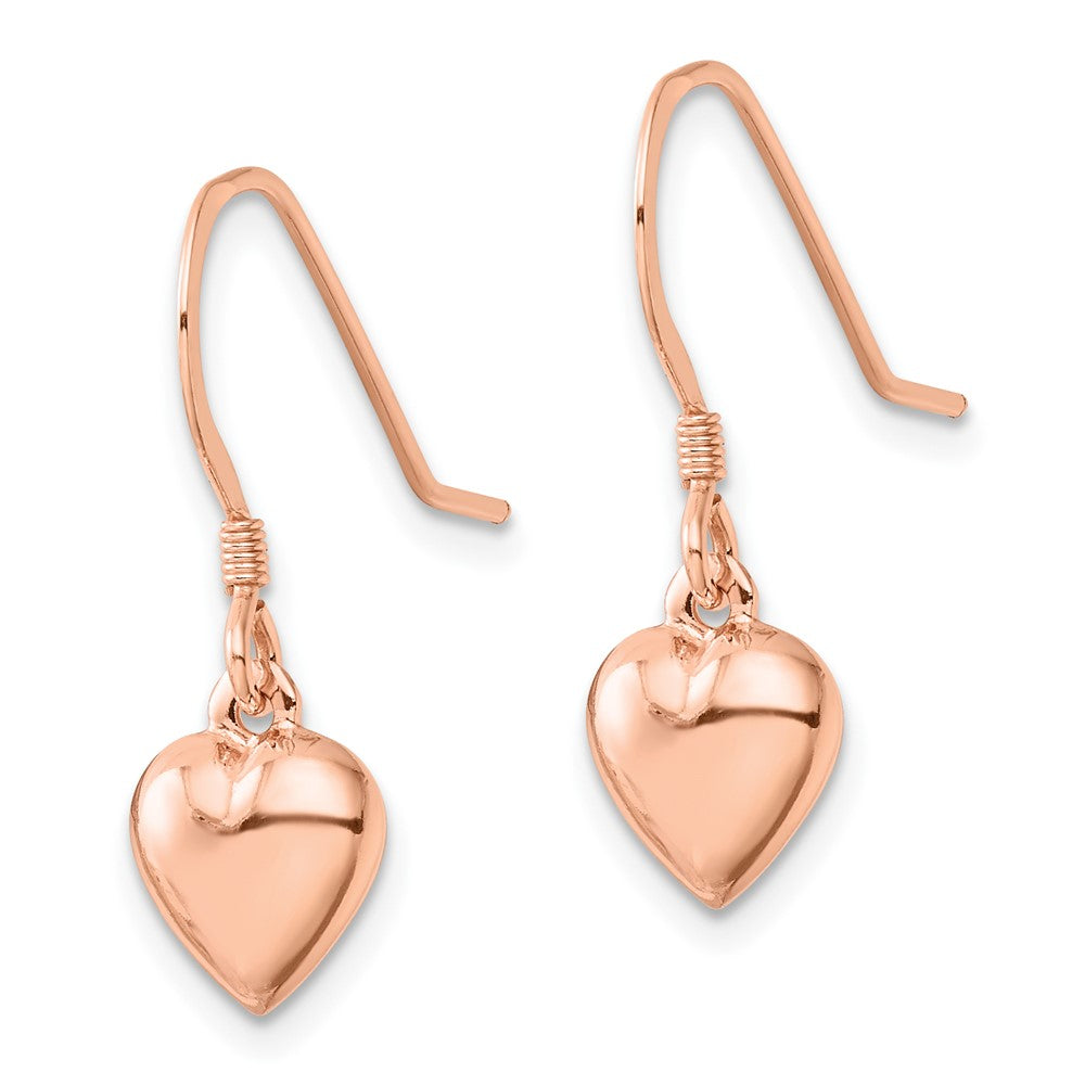 Sterling Silver Rose-tone Puffed Heart Dangle Shepherd Hook Earrings
