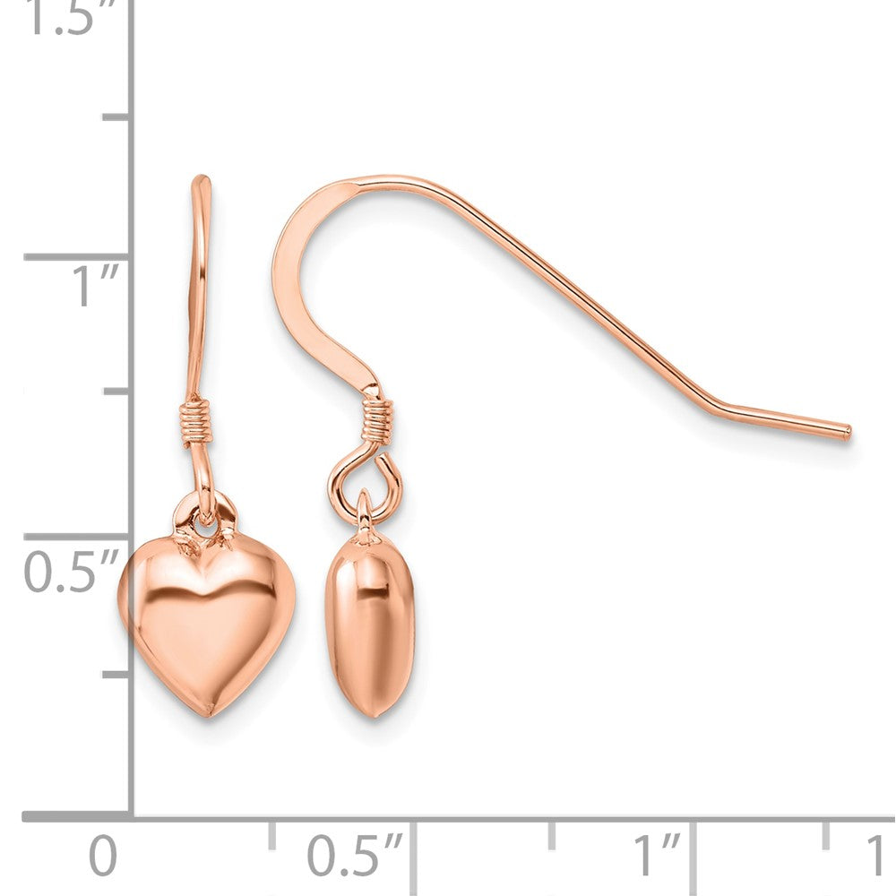 Sterling Silver Rose-tone Puffed Heart Dangle Shepherd Hook Earrings