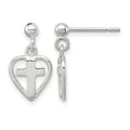 Sterling Silver Polished Cross in Heart Post Dangle Earrings