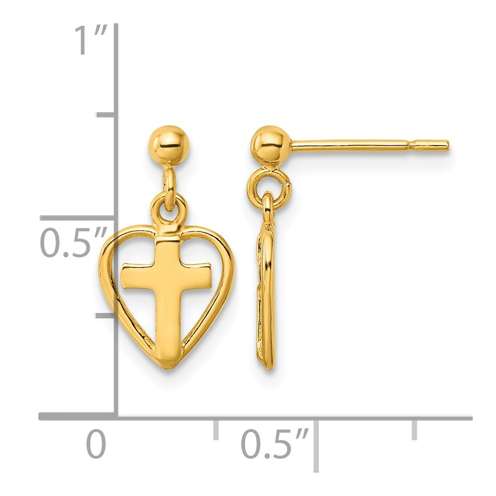 Sterling Silver Gold-tone Polished Cross In Heart Post Dangle Earrings