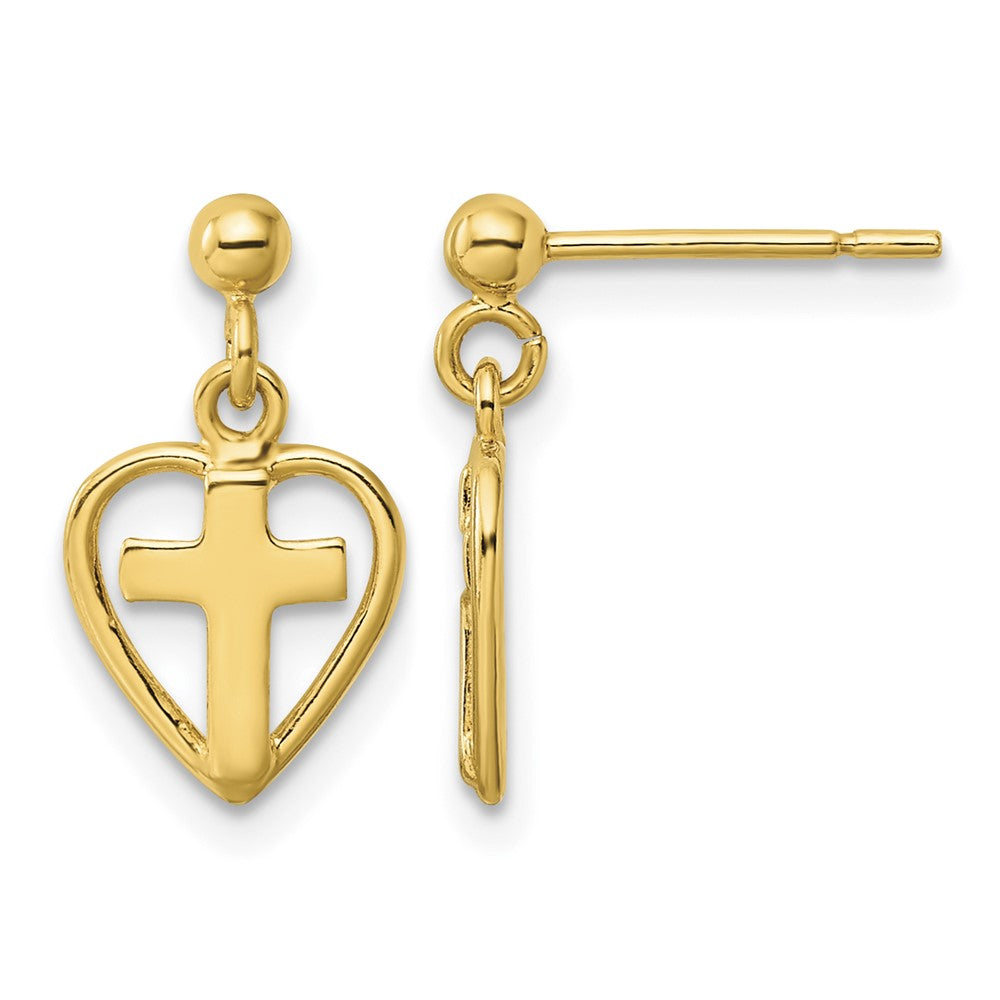 Sterling Silver Gold-tone Polished Cross In Heart Post Dangle Earrings
