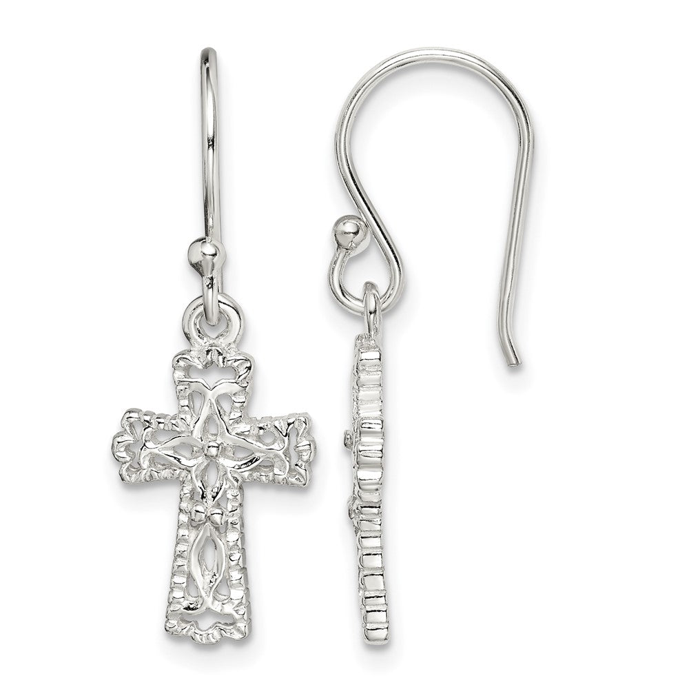 Sterling Silver Polished & Textured Cross Dangle Earrings