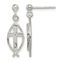 Sterling Silver Polished & Antiqued Ichthus Cross Post Dangle Earrings