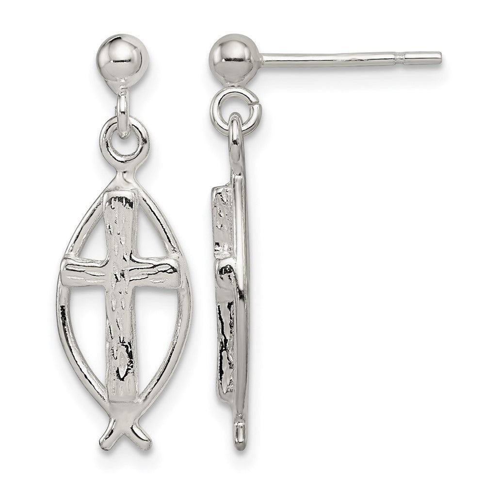Sterling Silver Polished & Antiqued Ichthus Cross Post Dangle Earrings