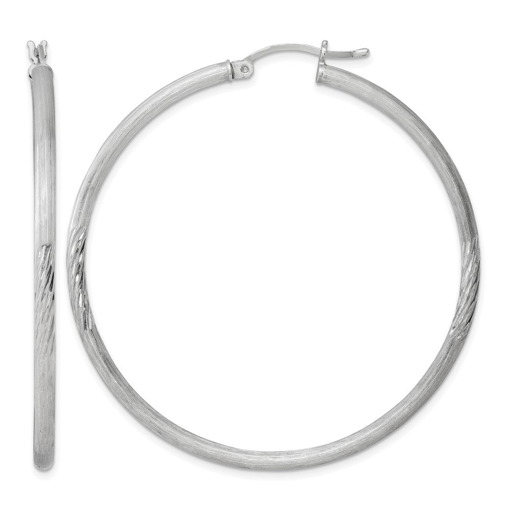 Sterling Silver Rhod-plated 2.5mm Polished/Satin Diamond-cut Hoop Earrings