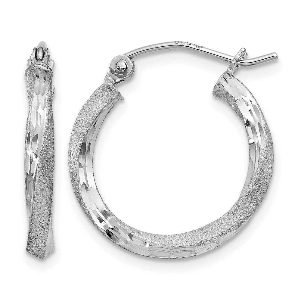 Sterling Silver RH-plated Satin Diamond-cut 2.5x18mm Twisted Hoop Earrings