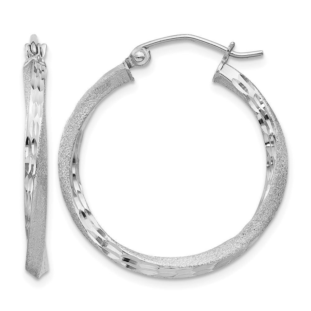 Sterling Silver RH-plated Satin Diamond-cut 2.5x25mm Twisted Hoop Earrings