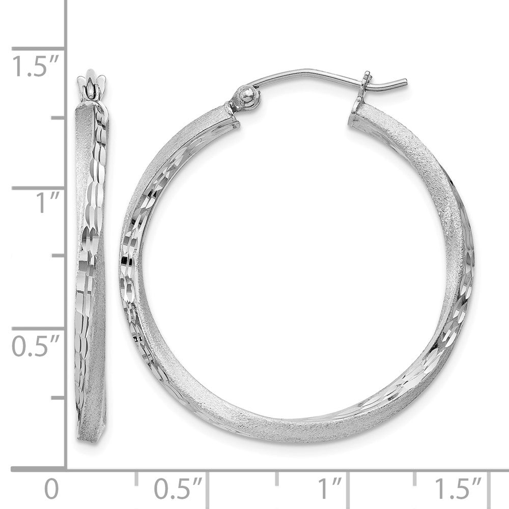 Sterling Silver RH-plated Satin Diamond-cut 2.5x30mm Twisted Hoop Earrings