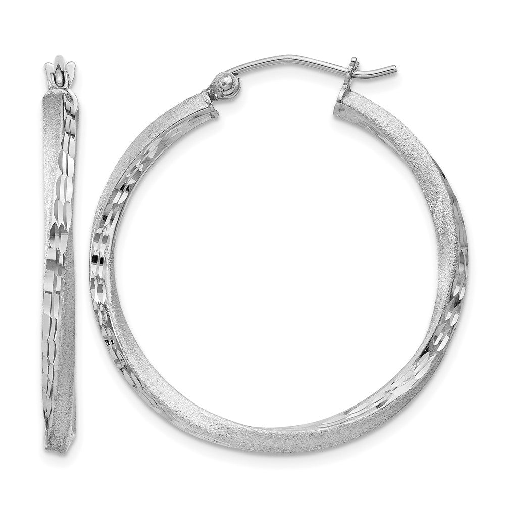Sterling Silver RH-plated Satin Diamond-cut 2.5x30mm Twisted Hoop Earrings
