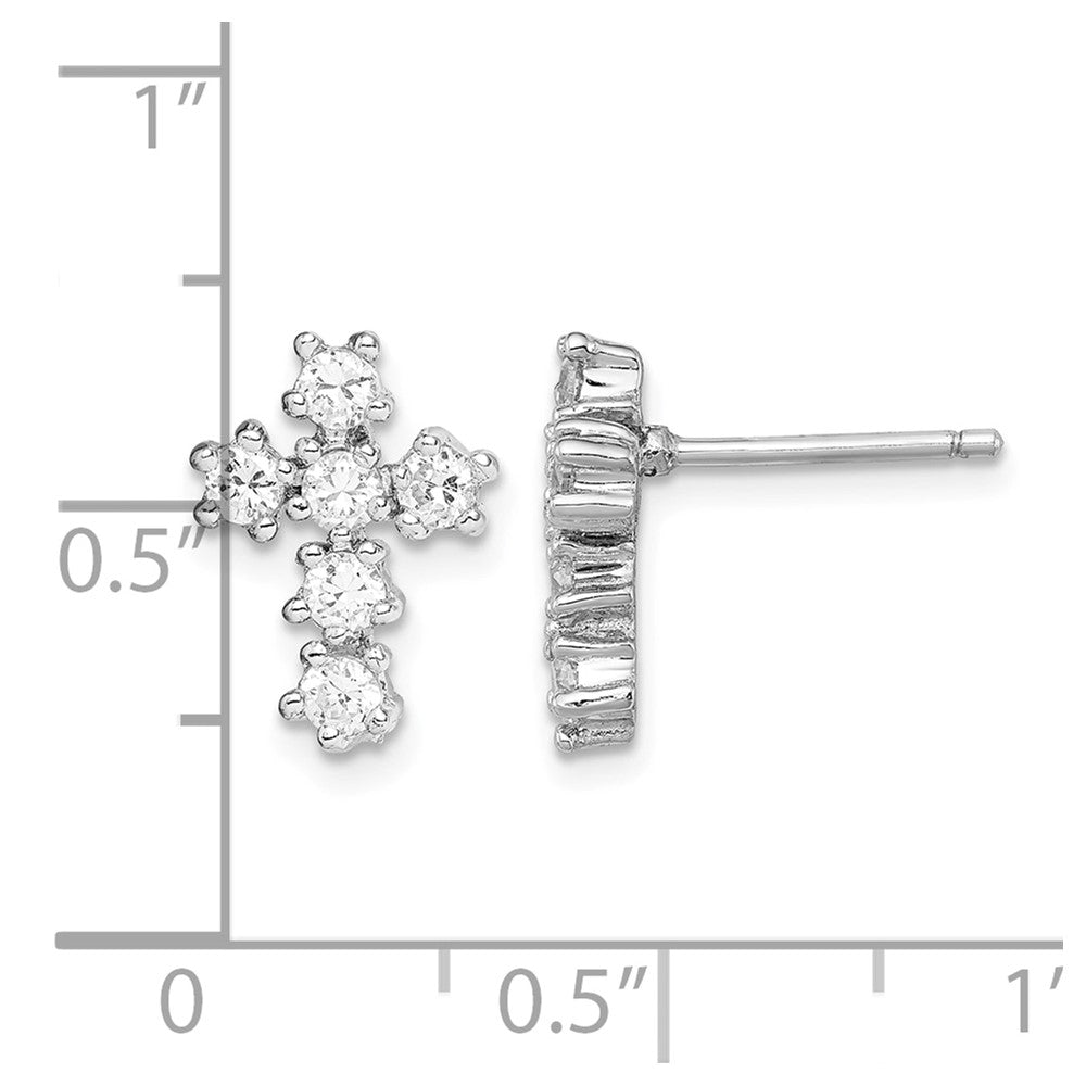 Sterling Silver Rhodium-plated Polished CZ Cross Post Earrings