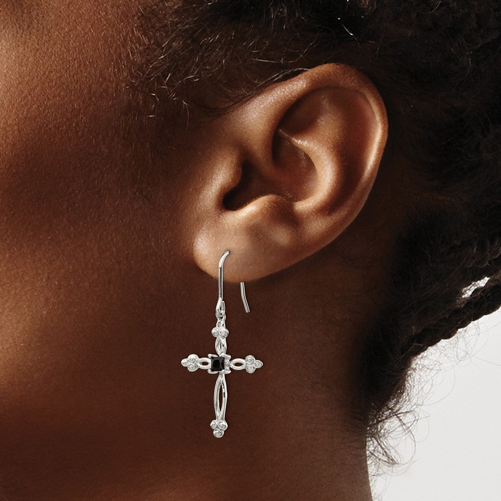 Sterling Silver RH-plated Diamond Accent & CZ Cross Dangle Earrings
