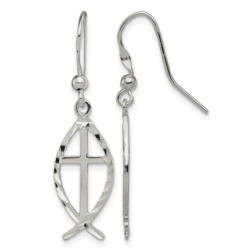 Sterling Silver Polished & D/C Cross & Ichthus Dangle Earrings