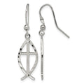 Sterling Silver Polished & D/C Cross & Ichthus Dangle Earrings