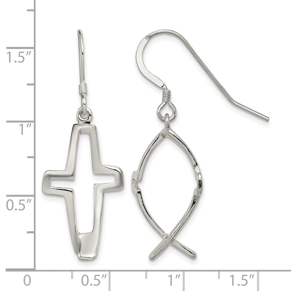 Sterling Silver Polished Cross Ichthus Dangle Earrings