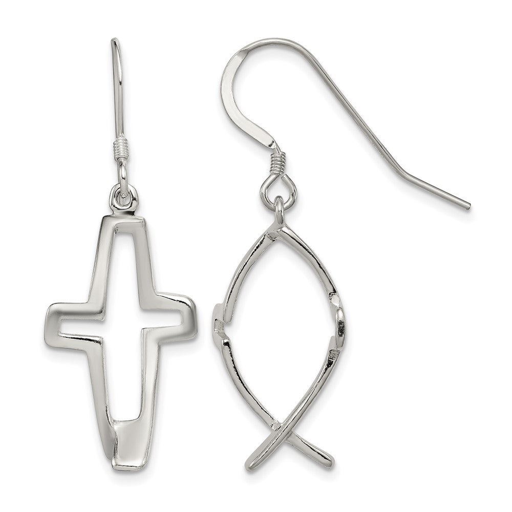Sterling Silver Polished Cross Ichthus Dangle Earrings