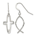 Sterling Silver Polished Cross Ichthus Dangle Earrings