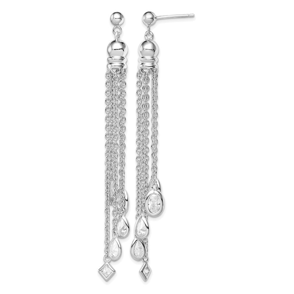 Sterling Silver RH-plated Polished CZ & Multi-Chain Post Dangle Earrings