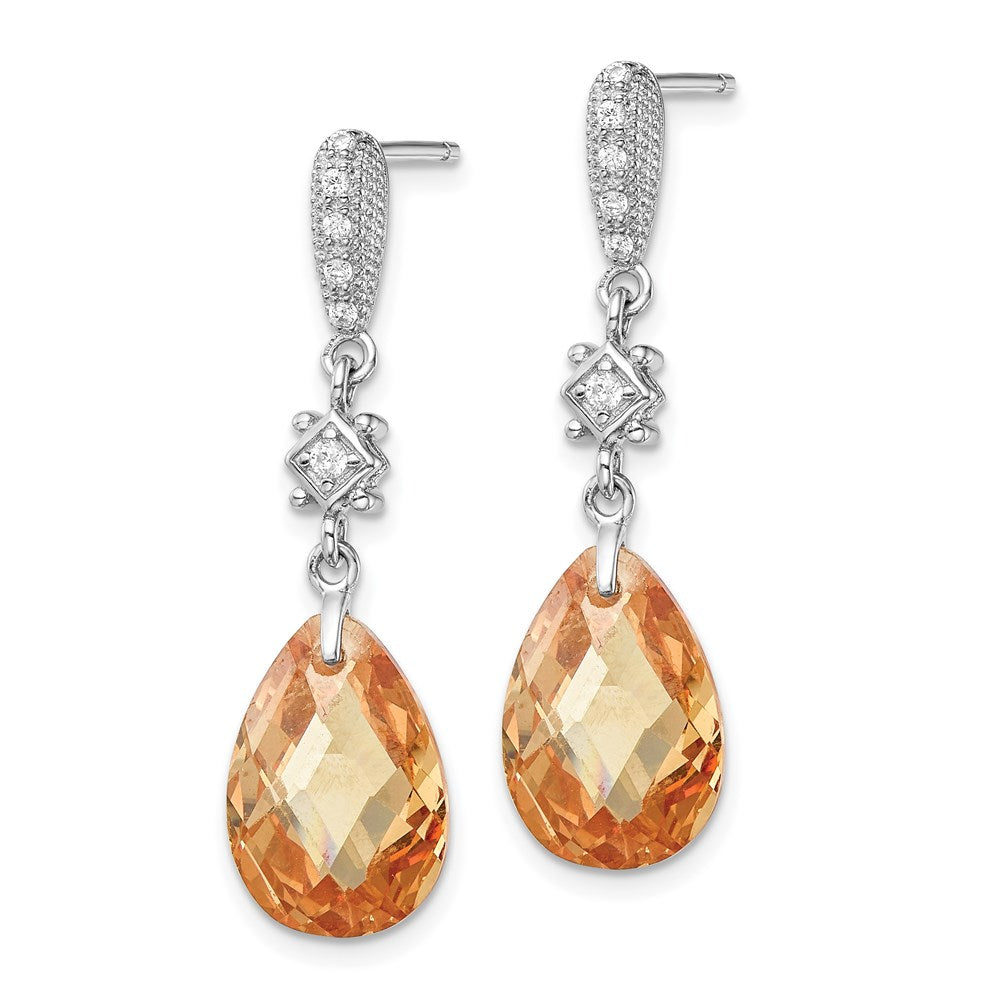 Sterling Silver Rhodium-plated Champagne CZ Post Dangle Earrings