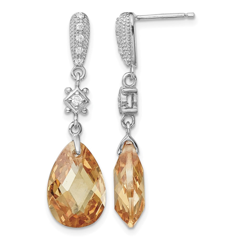 Sterling Silver Rhodium-plated Champagne CZ Post Dangle Earrings