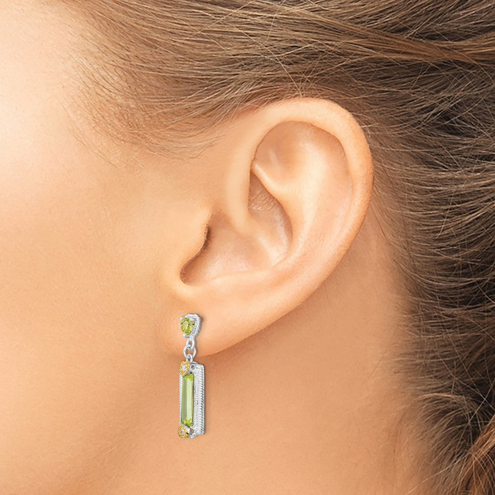 Sterling Silver Rhod-pltd w/Gold-tone Vermeil Green CZ Dangle Earrings
