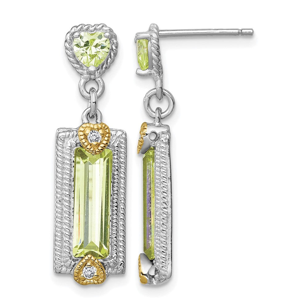 Sterling Silver Rhod-pltd w/Gold-tone Vermeil Green CZ Dangle Earrings