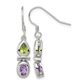 Sterling Silver Rhodium Plated Peridot and Amethyst Dangle Earrings