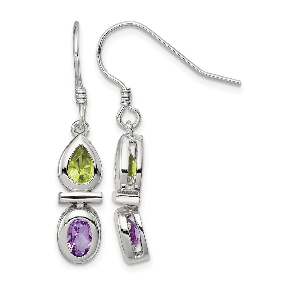 Sterling Silver Rhodium Plated Peridot and Amethyst Dangle Earrings