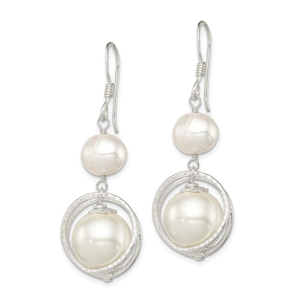 Sterling Silver Polished & Textured FWC Pearl /Shell Pearl Dangle Earrings