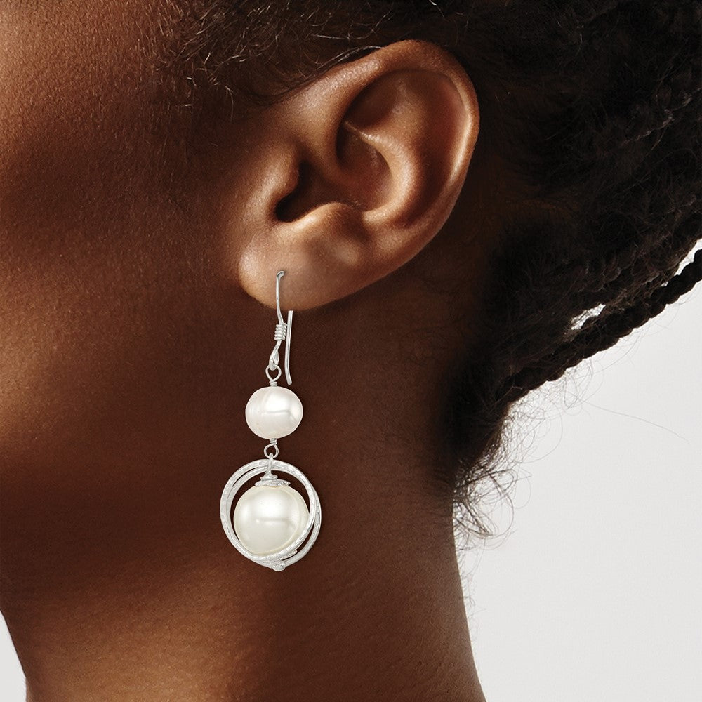 Sterling Silver Polished & Textured FWC Pearl /Shell Pearl Dangle Earrings