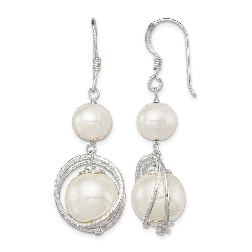 Sterling Silver Polished & Textured FWC Pearl /Shell Pearl Dangle Earrings