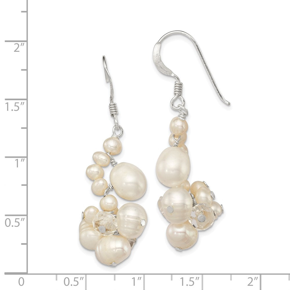Sterling Silver Polished Crystal & FWC Pearl Cluster Dangle Earrings