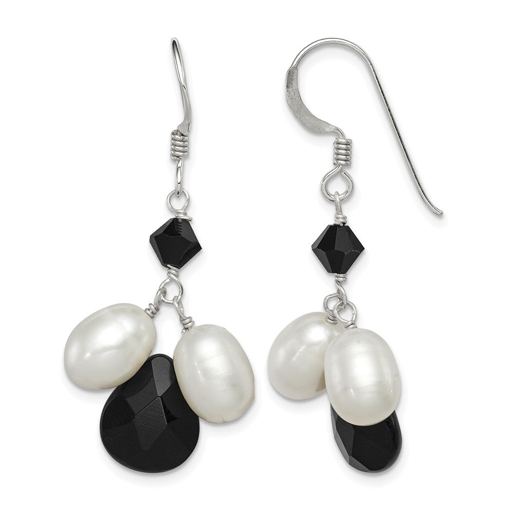 Sterling Silver Polished FWC Pearl / Black Crystal / Onyx Dangle Earrings