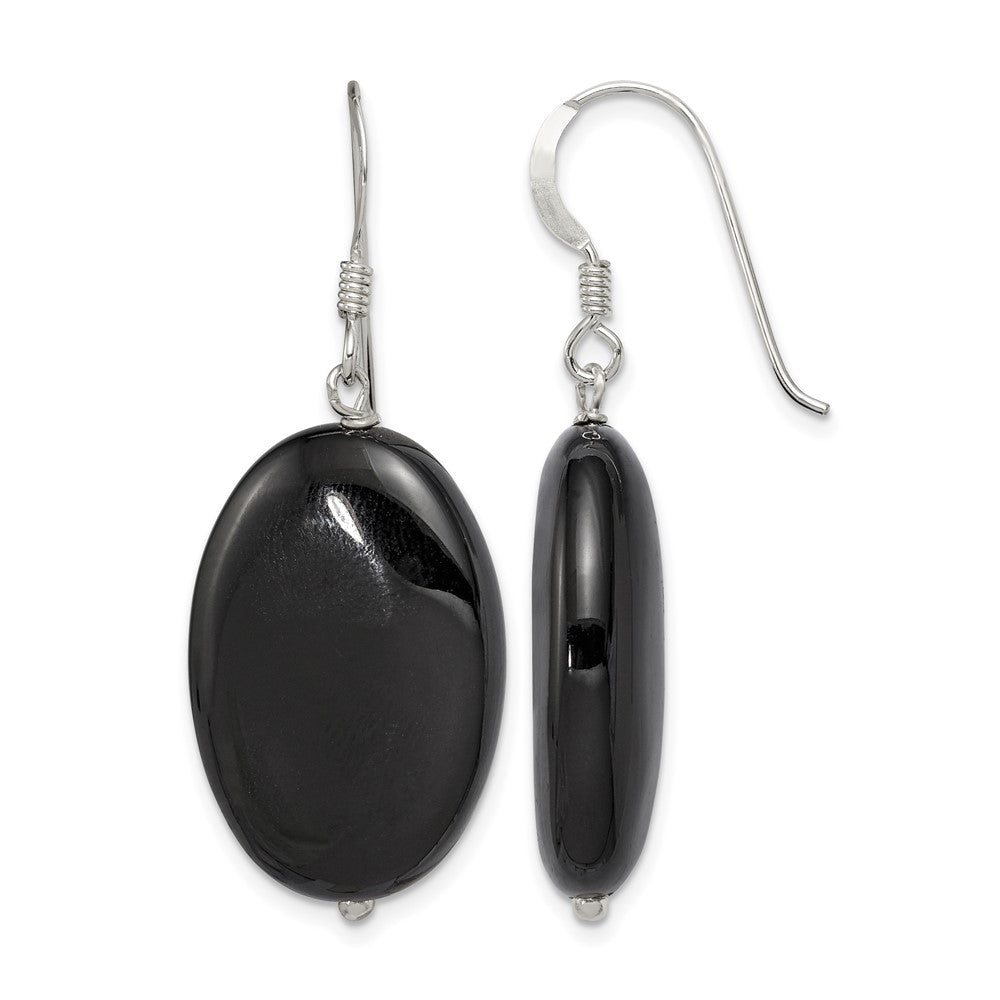 Sterling Silver Polished Black Agate Oval Dangle Earrings