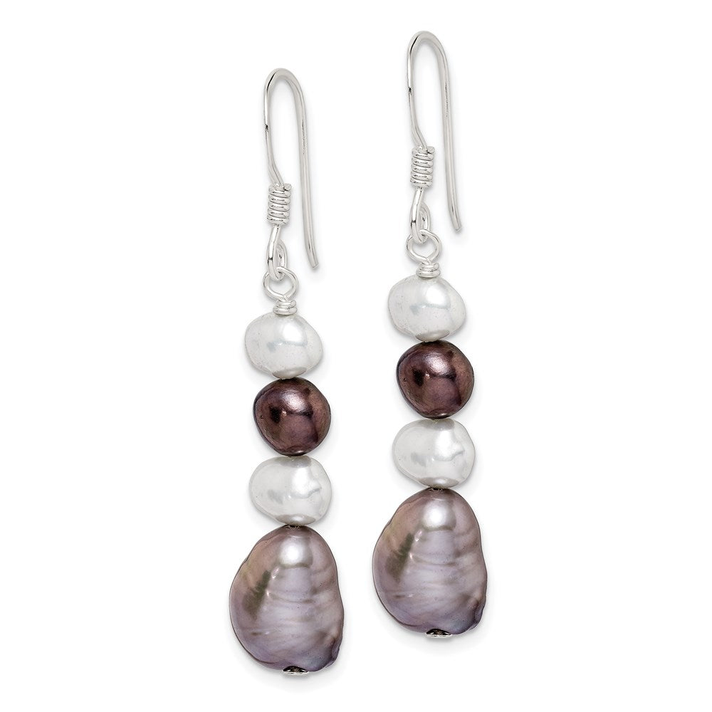Sterling Silver Black White & Grey FW Cultured Pearl Dangle Earrings